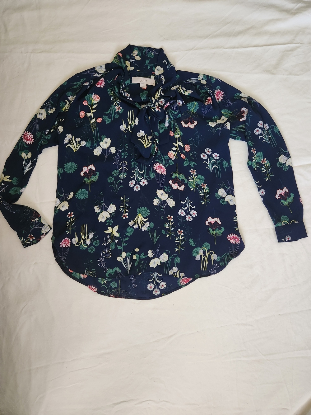 LOFT Navy Floral Tie-Neck Blouse